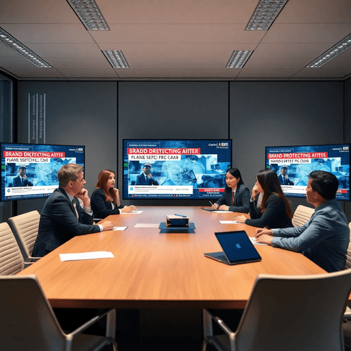 A modern office with professionals in a serious discussion around a table, digital screens showing news and social media alerts about a PR crisis.