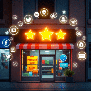 A vibrant small business storefront with a glowing five-star review and digital icons of social media, search engines, and customer feedback surrou...