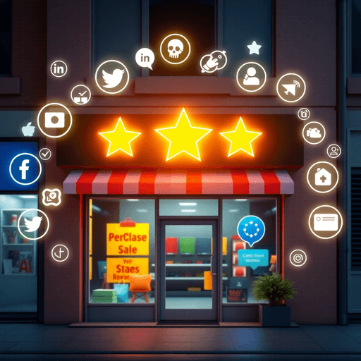 A vibrant small business storefront with a glowing five-star review and digital icons of social media, search engines, and customer feedback surrou...
