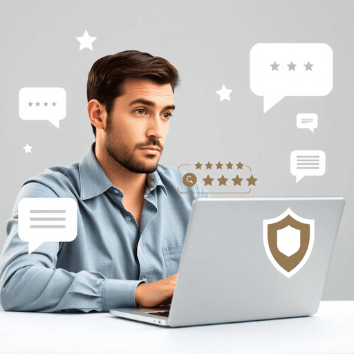 Business owner thoughtfully viewing laptop with Google reviews, surrounded by icons of stars, speech bubbles, and a shield representing online repu...