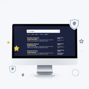 Computer screen showing search results with high ratings and positive reviews, surrounded by stars, shields, and magnifying glass icons on a clean ...