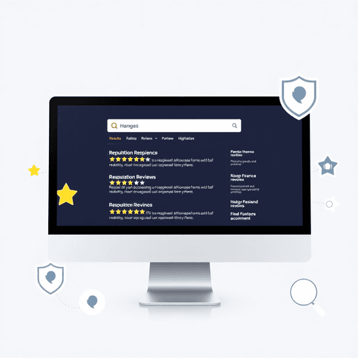 Computer screen showing search results with high ratings and positive reviews, surrounded by stars, shields, and magnifying glass icons on a clean ...