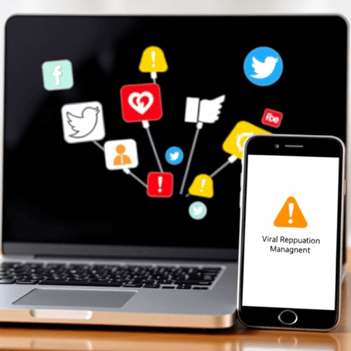 Laptop and smartphone displaying social media icons and alert symbols, illustrating viral reputation crisis and online reputation management.