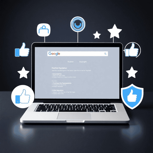 Laptop displaying Google search results, surrounded by icons of stars, thumbs up, and shields representing online reputation management and protect...