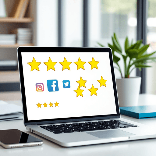 Laptop on a clean desk displaying social media icons and positive review stars, representing online reputation management in a modern digital works...
