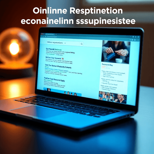 Laptop screen displaying search results with positive content highlighted and negative content dimmed, representing online reputation management.