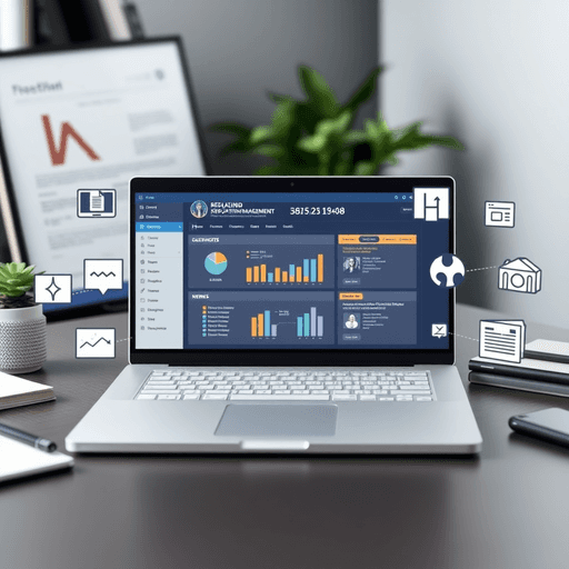 Laptop showing brand reputation dashboard on a desk, surrounded by icons of reviews, social media, and news articles symbolizing brand management.