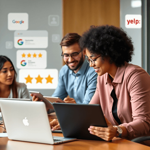 Team of professionals discussing online reviews on laptops and tablets with icons of Google and Yelp in the background, symbolizing reputation mana...